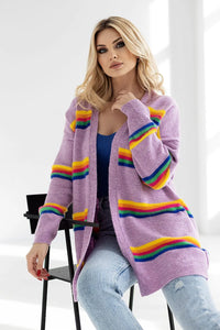 Cardigan acrylique polyester laine polyamide lavande rayures multicolores ample longues manches côtelées ouvert sans-boutons casual moderne femme