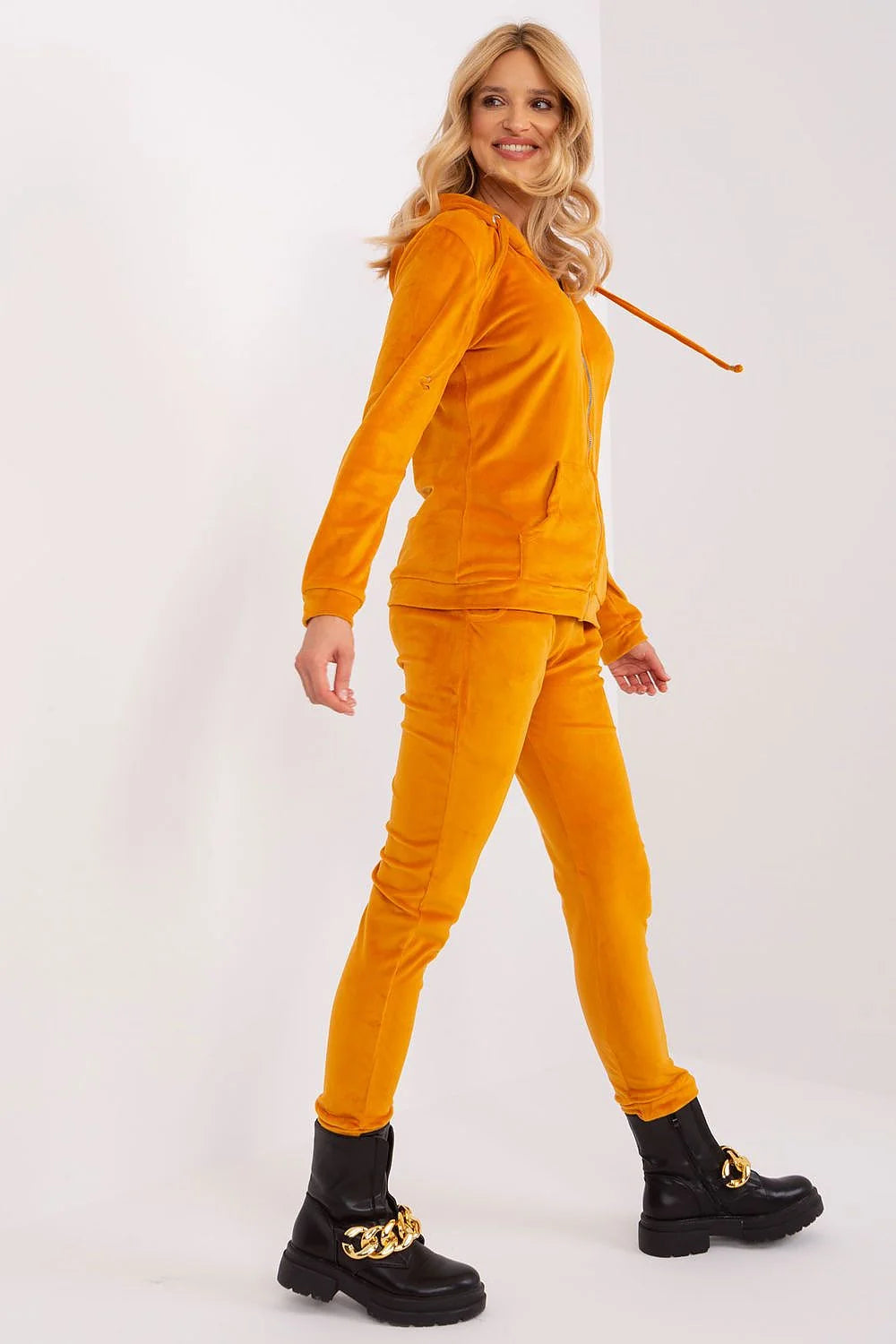 Ensemble deux pièces velours orange vif femmes veste capuche pantalon assorti mode moderne confort
