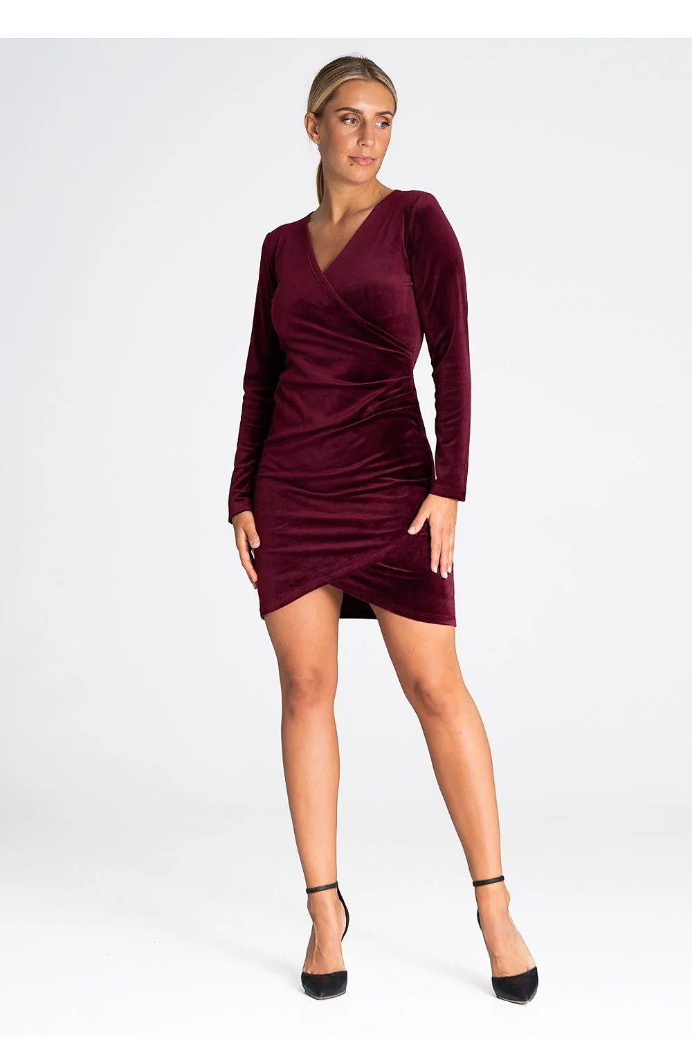 Robe de soirée élégante en velours bordeaux manches longues taille ajustable dos nu V profond pour femme