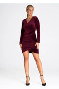Robe de soirée élégante en velours bordeaux manches longues taille ajustable dos nu V profond pour femme