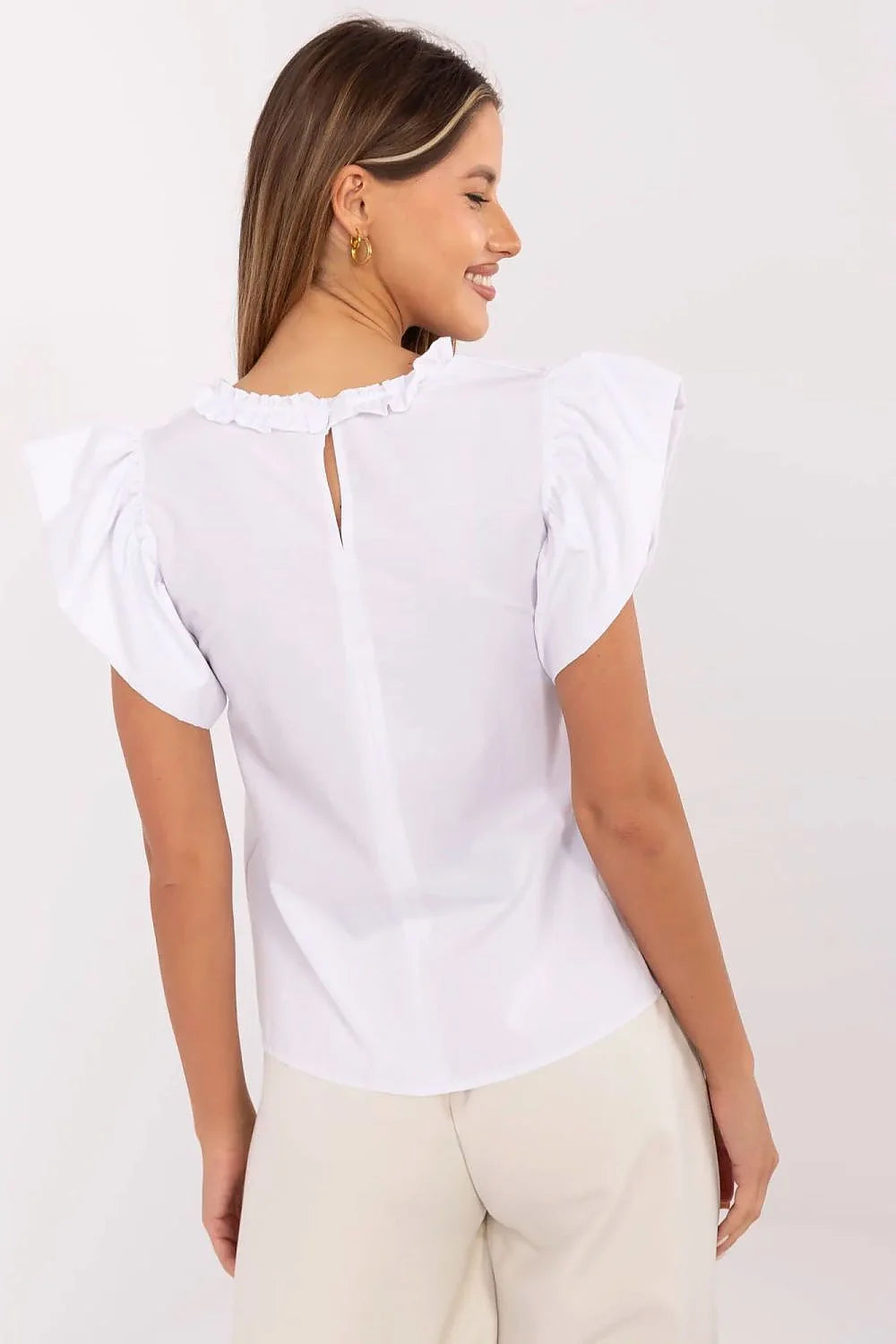 Chemisier Lakerta blanc manches courtes volants en coton chemise féminine élégante encolure ronde romantique