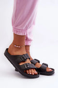 sandales femme mules brides réglables noires synthétique mate bout ouvert semelle anatomique moulée maintien confort boucles métalliques crantée