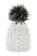 Bonnet féminin en maille tricotée motif torsades côte gris clair pompon faux fourrure design élégant hiver Pologne