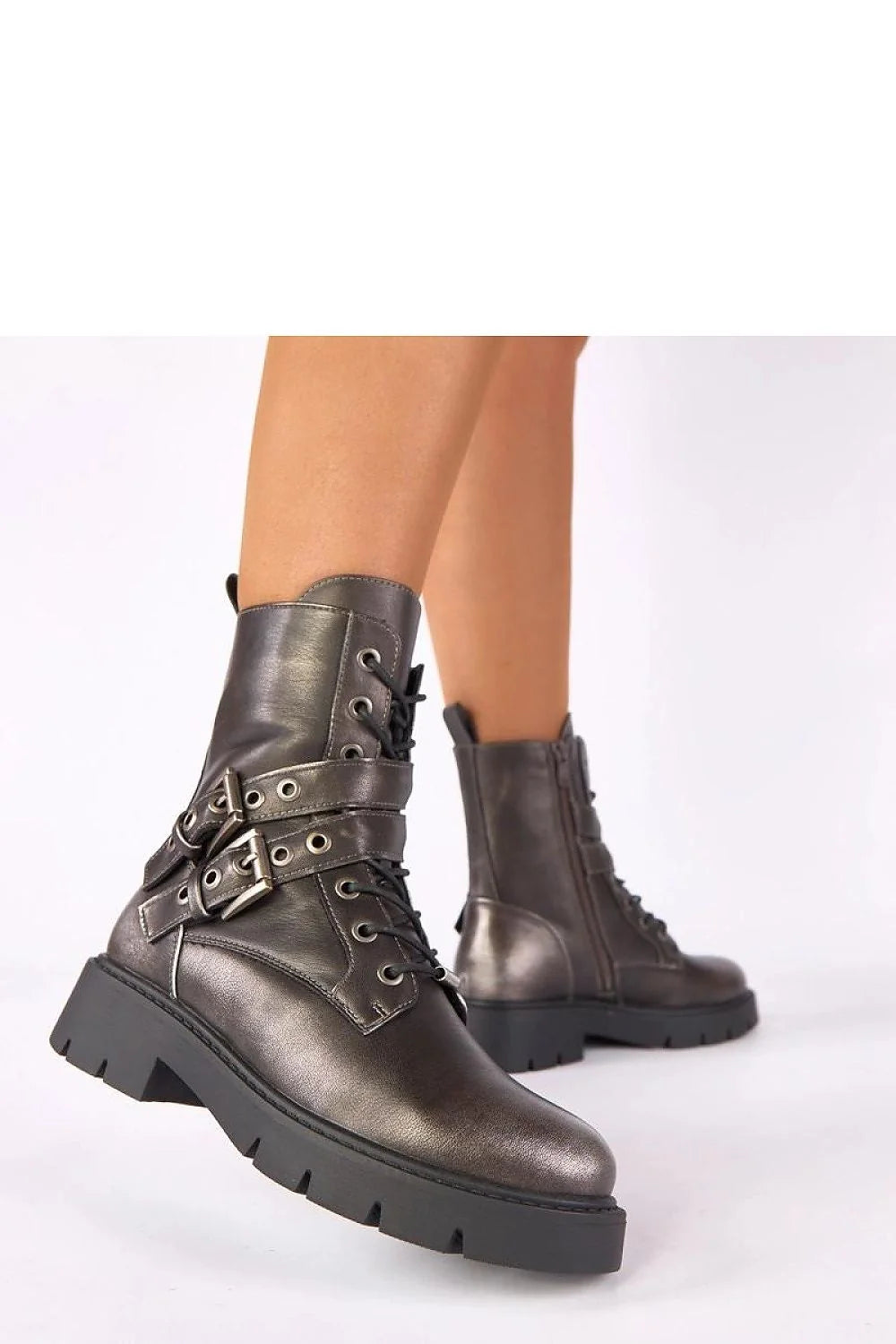 bottines Ruthy Gemre métalliques gris anthracite plateforme semelle crantée talon bloc tige mi mollet