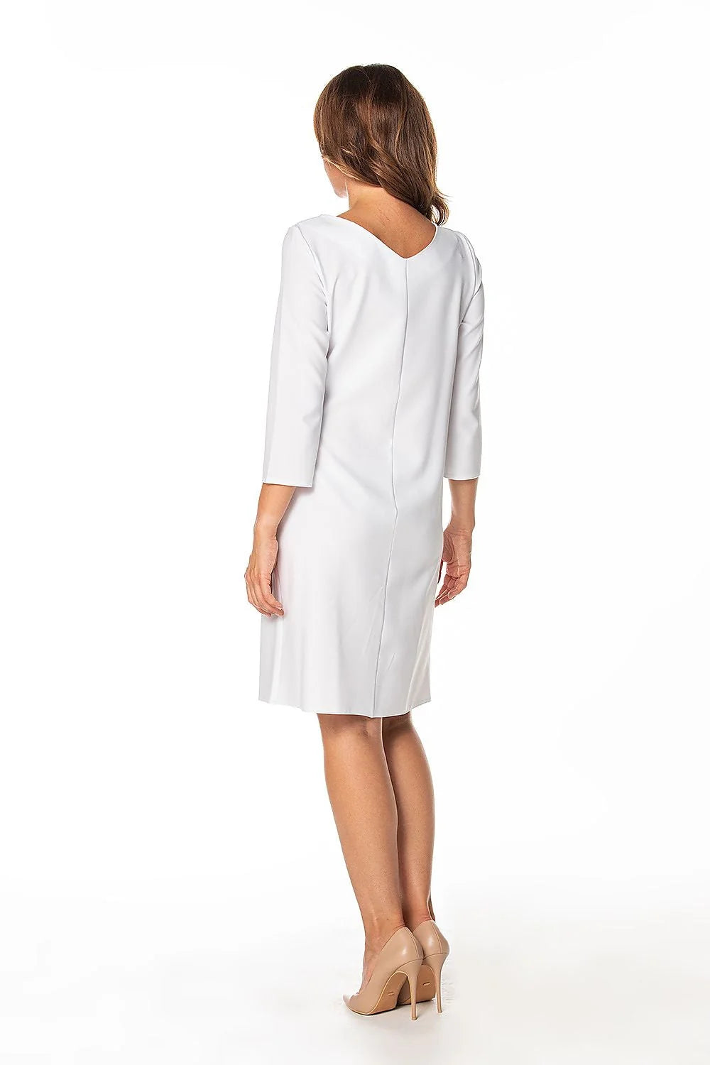 robe jour Tessita droite midi blanche manches troisquarts encolure ronde crêpe fluide tombé net coupe ajustée ceinture fine minimal chic