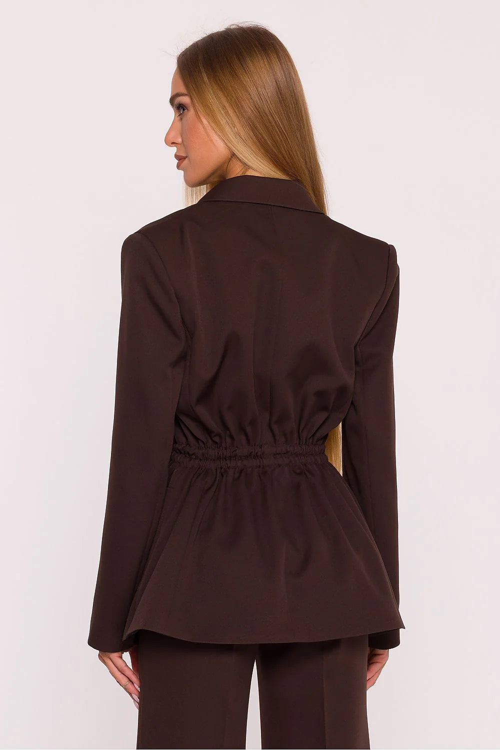 blazer femme marron chocolat tailleur oversize cintrée taille ajustable cordons embouts métalliques col cranté bouton unique