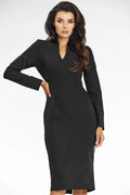 robe midi fourreau noire viscose ajustée cintrée manches longues décolleté V ceinture intégrée crayon silhouette professionnelle soirée confortable stretch épurée