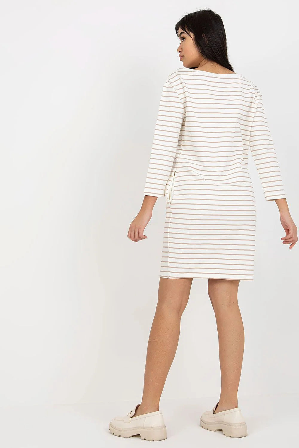 Robe femme Rue Paris manches longues coupe droite élégante casual tissu rayé coton elasthanne poches latérales noire blanche confortable