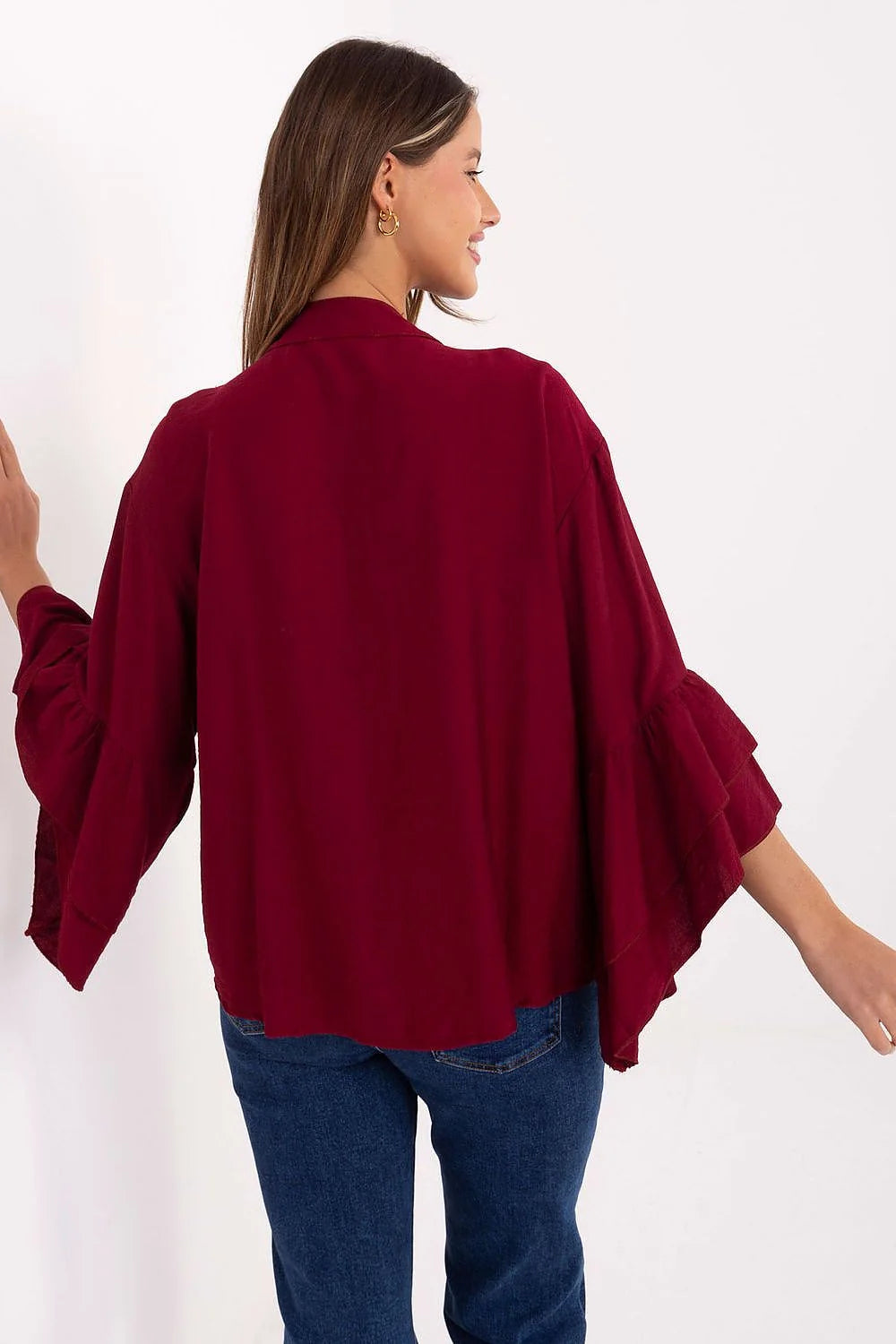 chemisier femme bordeaux viscose fluide léger sans col manches longues volants superposés jabot encolure ronde boutonné coupe classique