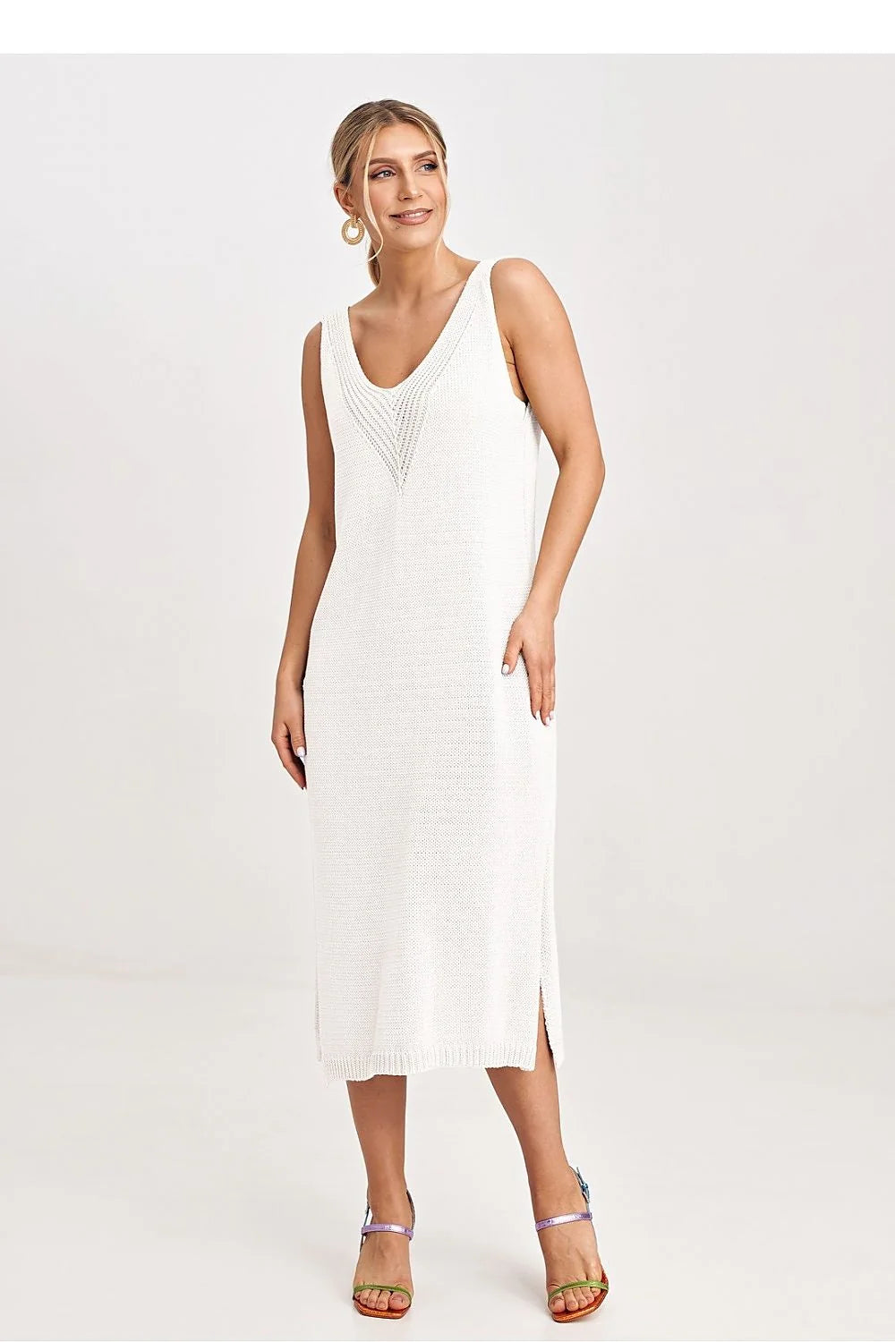ensemble femme cardigan oversize ouverture maille fine ajourée manches longues décolleté V robe midi fente latérale nœud décoratif côtelés