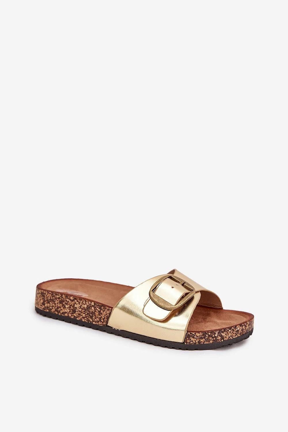 sandales femme simili cuir plateforme liège semelle anatomique suédée extérieure crantée antidérapante bride large métallisée dorée boucle réglable