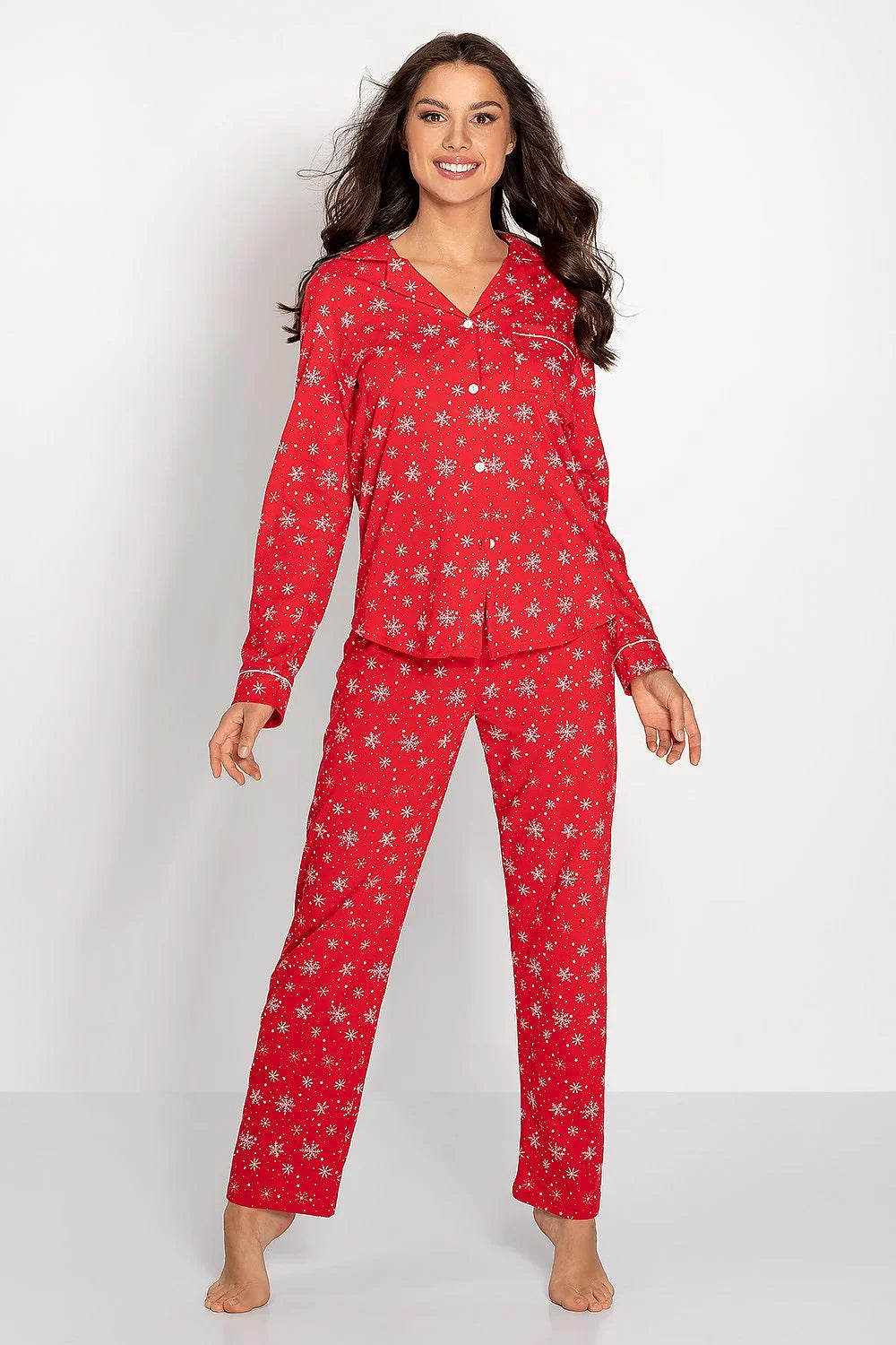 Pyjama pour femmes fête Noël Hiver 2023 coton rouge motifs flocons neige élégant confort