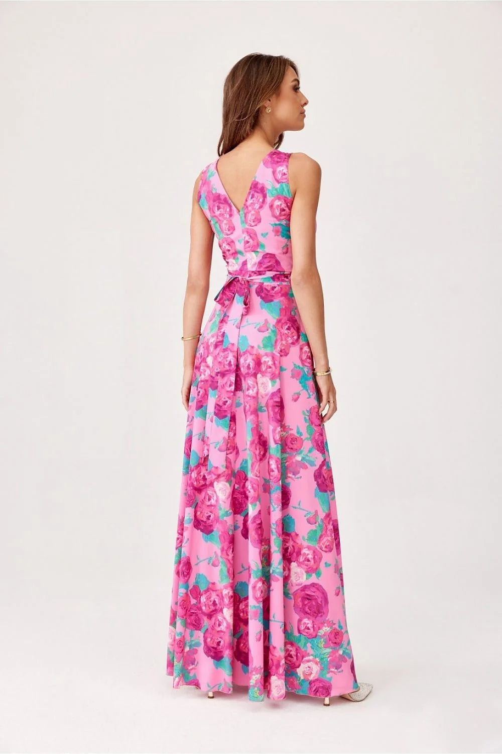 Robe élégante sans manches motif floral rose ceinture fine taille ajustable dos noeud femme été 2023