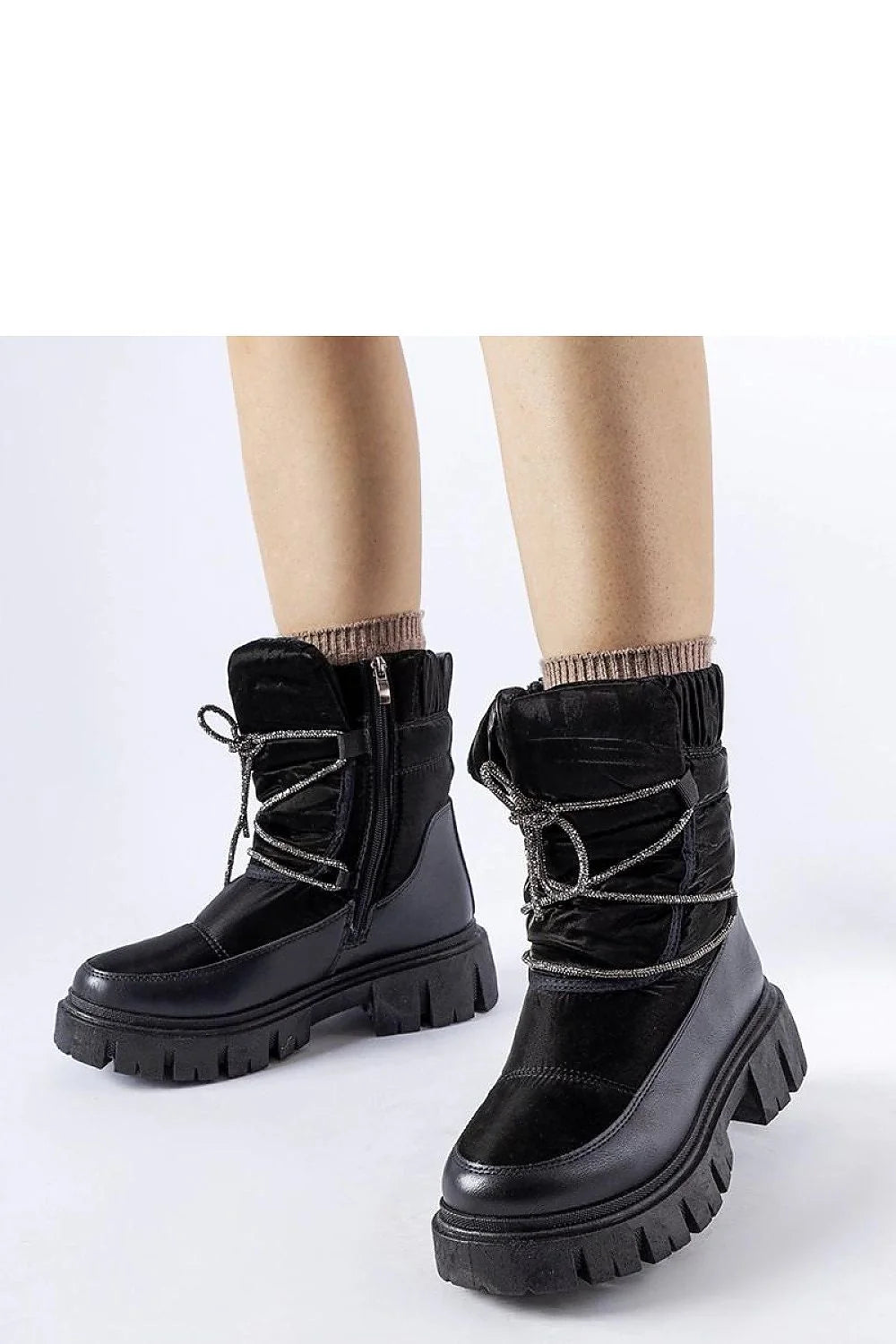 Bottes de neige mode femmes design moderne urbain cuir synthétique noir rembourrées lacets décoratifs