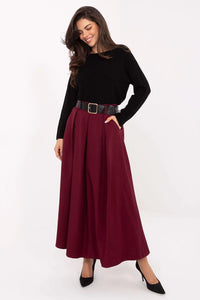 jupe longue maxi évasée femme bordeaux godets viscose polyester légère structuré taille haute ceinture boutonnée boucle dorée poches latérales élégante