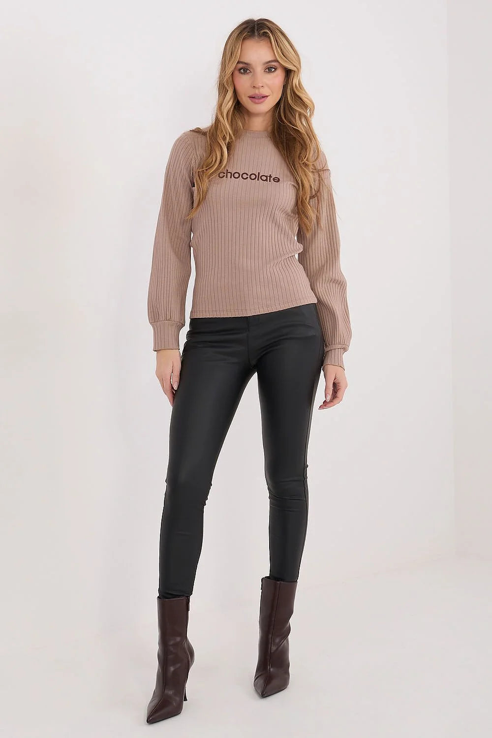 chemisier femme rayures larges broderie poitrine coton élasthanne doux extensible manches longues bouffantes poignets col rond longueur standard taupe chocolat