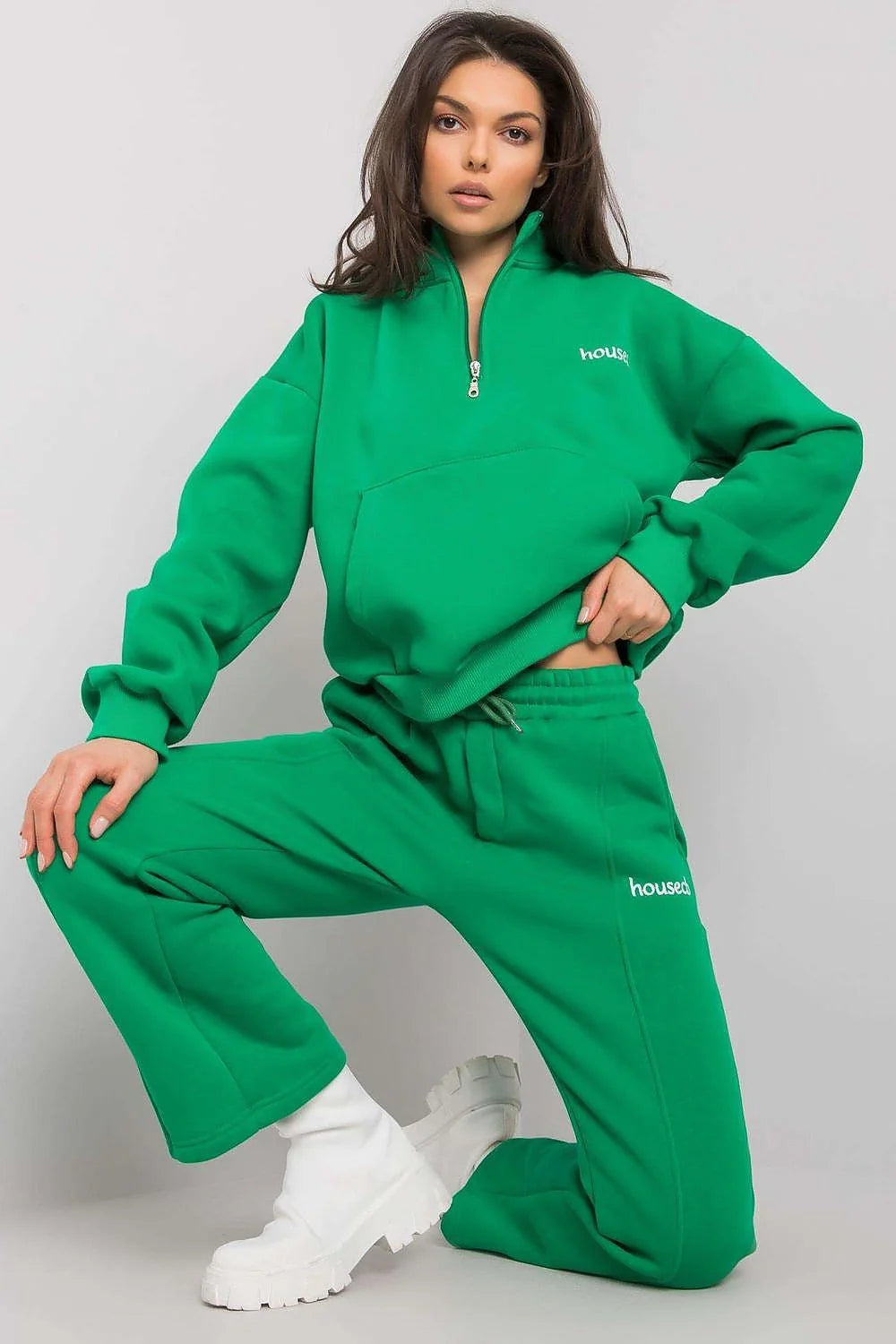 Ensemble survêtement coton décontracté confortable vert vibrant col montant zippé pour femme moderne