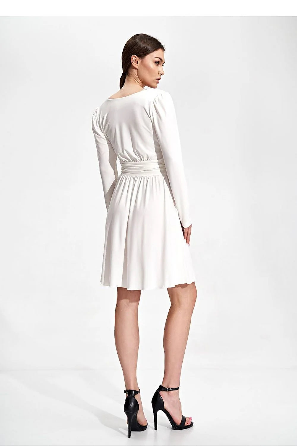 Robe de jour élégante évasée genou manches longues décolleté bateau ceinture boutons sans doublure polyester élasthanne femme