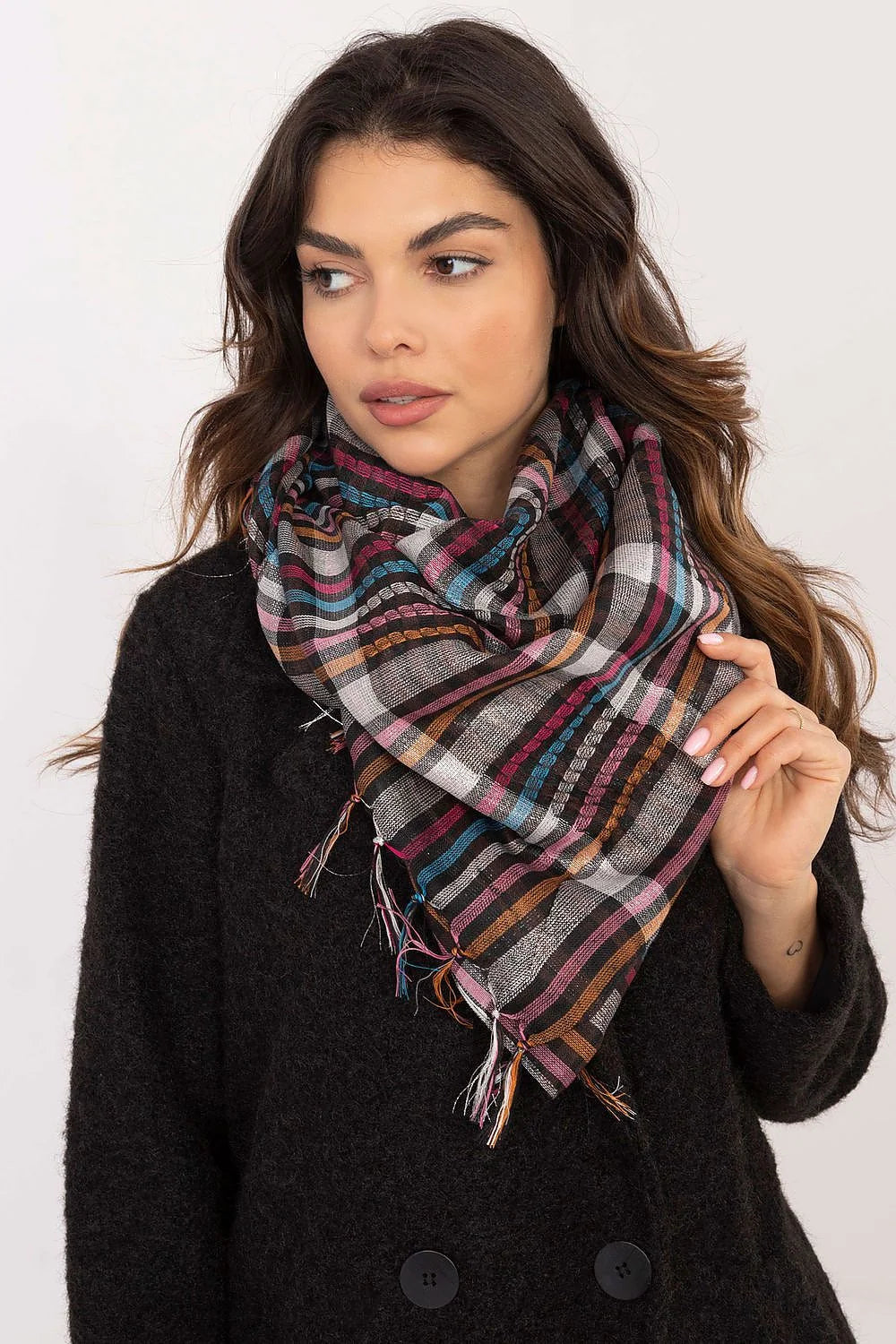 Écharpe pour femmes design carreaux multicolores moderne chic avec franges en tissu doux confortable pour tenues hiver