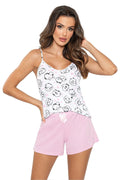 Pyjama femme élégant et confortable en coton motifs moutons et cœurs roses débardeur bretelles fines short taille élastique cadeau