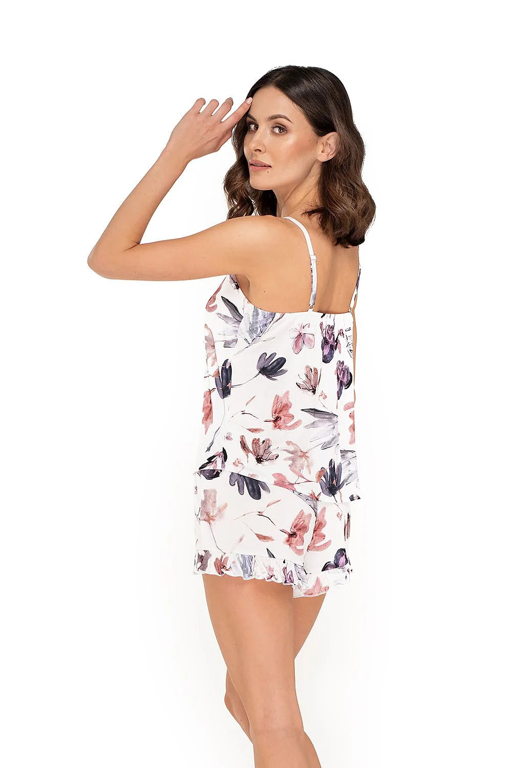 Combinaison pyjama Babella femme floral court V-neck viscose ajustable épaules fines ceinture bow