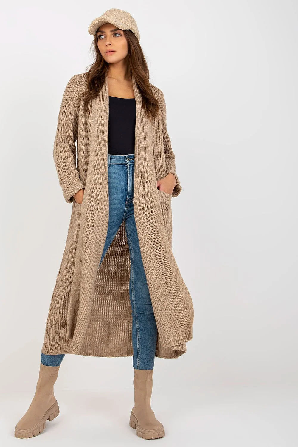 Cardigan long Och Bella maille acrylique 70 laine 30 sans fermeture manches longues poches glissière grise beige noir urban casual tendance