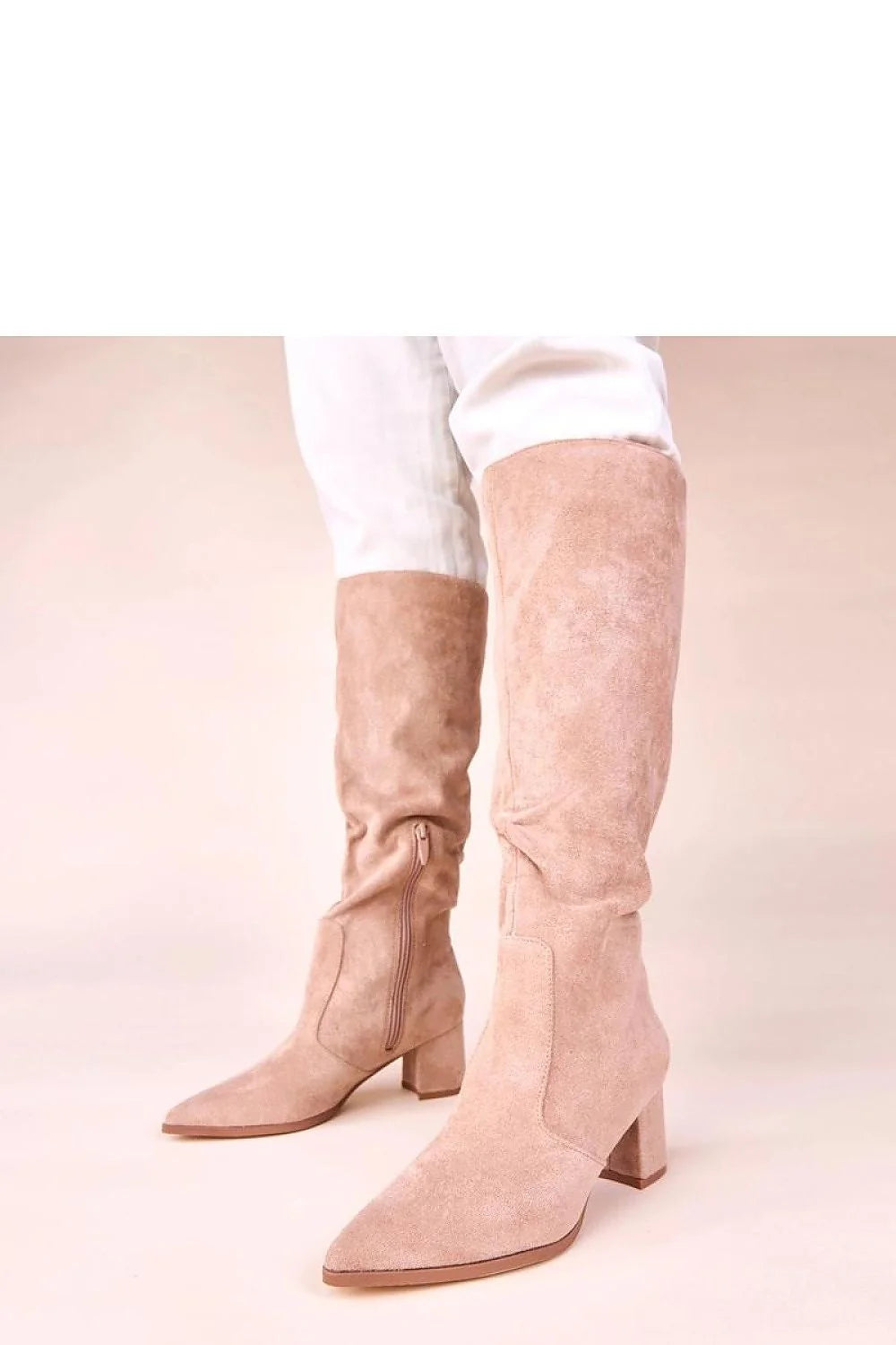 bottes hautes femme beige suédine talon bloc 6cm tige 38cm bout pointu froncée fermeture éclair intérieure confortable écoresponsable Gemre Shane