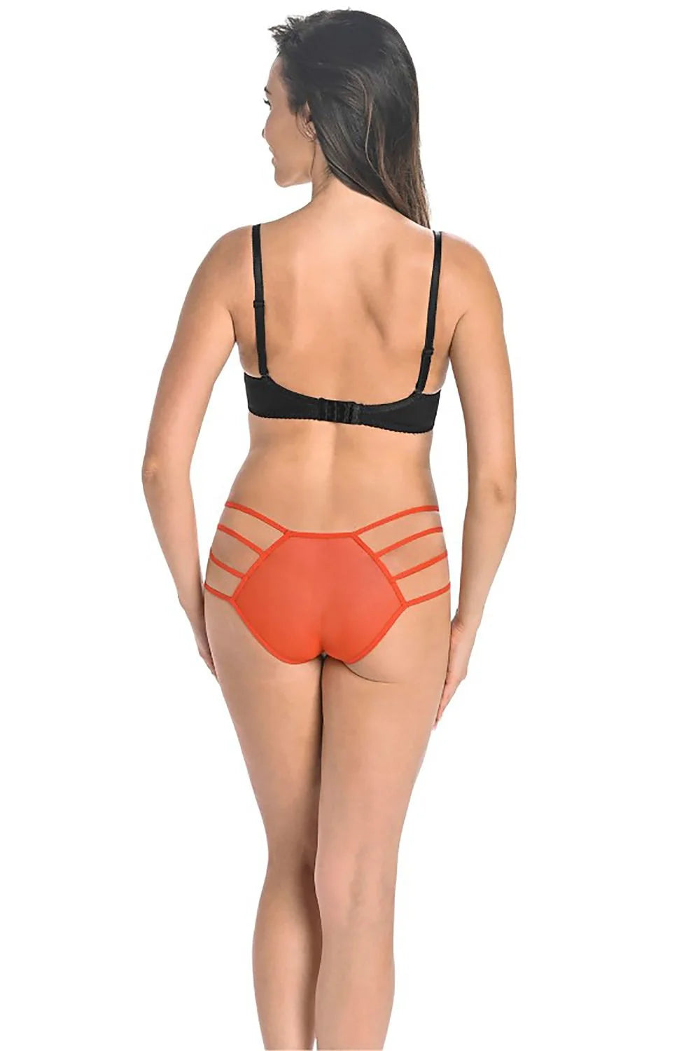 ensemble lingerie féminine élégante moderne noir orange soutiengorge pushup armatures rembourré bretelles réglables culotte taille basse découpes asymétriques lanières microfibre