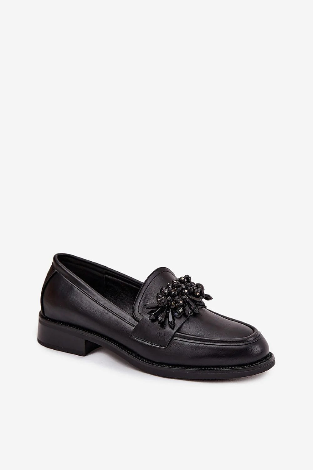 mocassins femme noirs simili cuir loafer bout arrondi talon bas tige souple ornement bijou perles pierres confort polyvalents