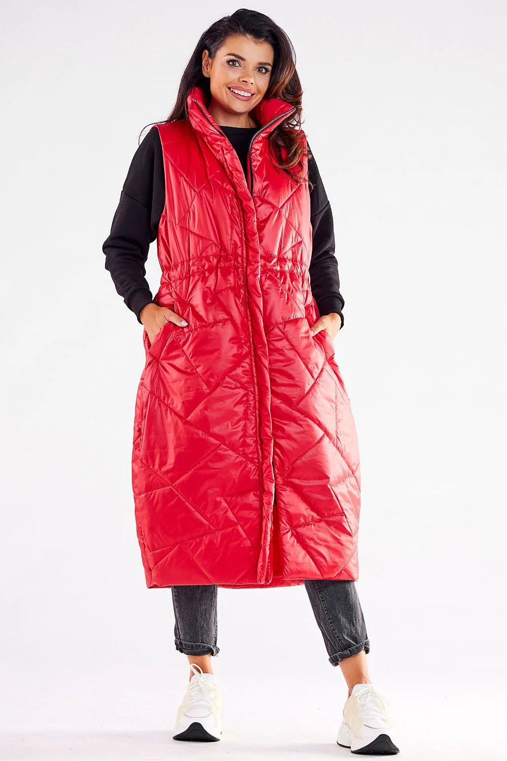Gilet awama doudoune longue sans manches pour femmes coupe moderne col montant matelassé en diagonale couleur rouge vif polyester 100% taille S/M L/XL