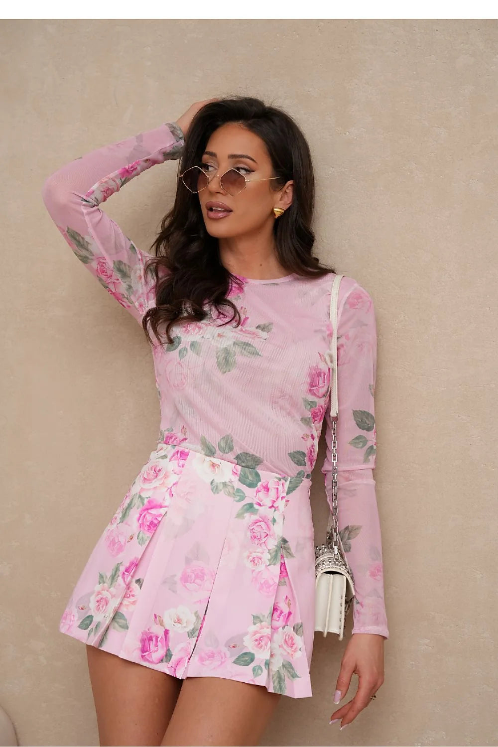 ensemble Balancia féminin élégant floral rose vert tulle mesh manches longues jupe plissée taille haute courte