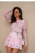 ensemble Balancia féminin élégant floral rose vert tulle mesh manches longues jupe plissée taille haute courte