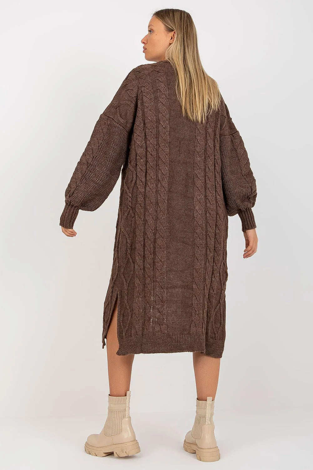 Cardigan Rue Paris pour femme long manches longues col V ouvert poches rabattables marron chocolat maille épaisse acrylique 100 % hiver automne