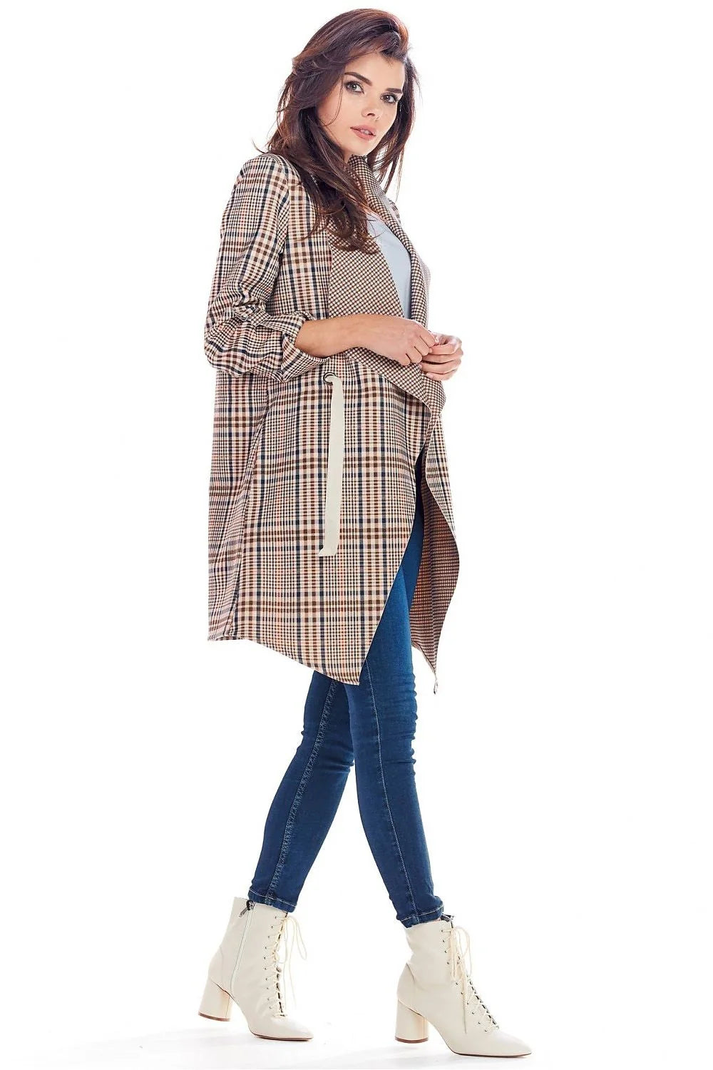 Blazer femme polyester chic moderne à carreaux noir blanc orange ceinture tendance élégant automne