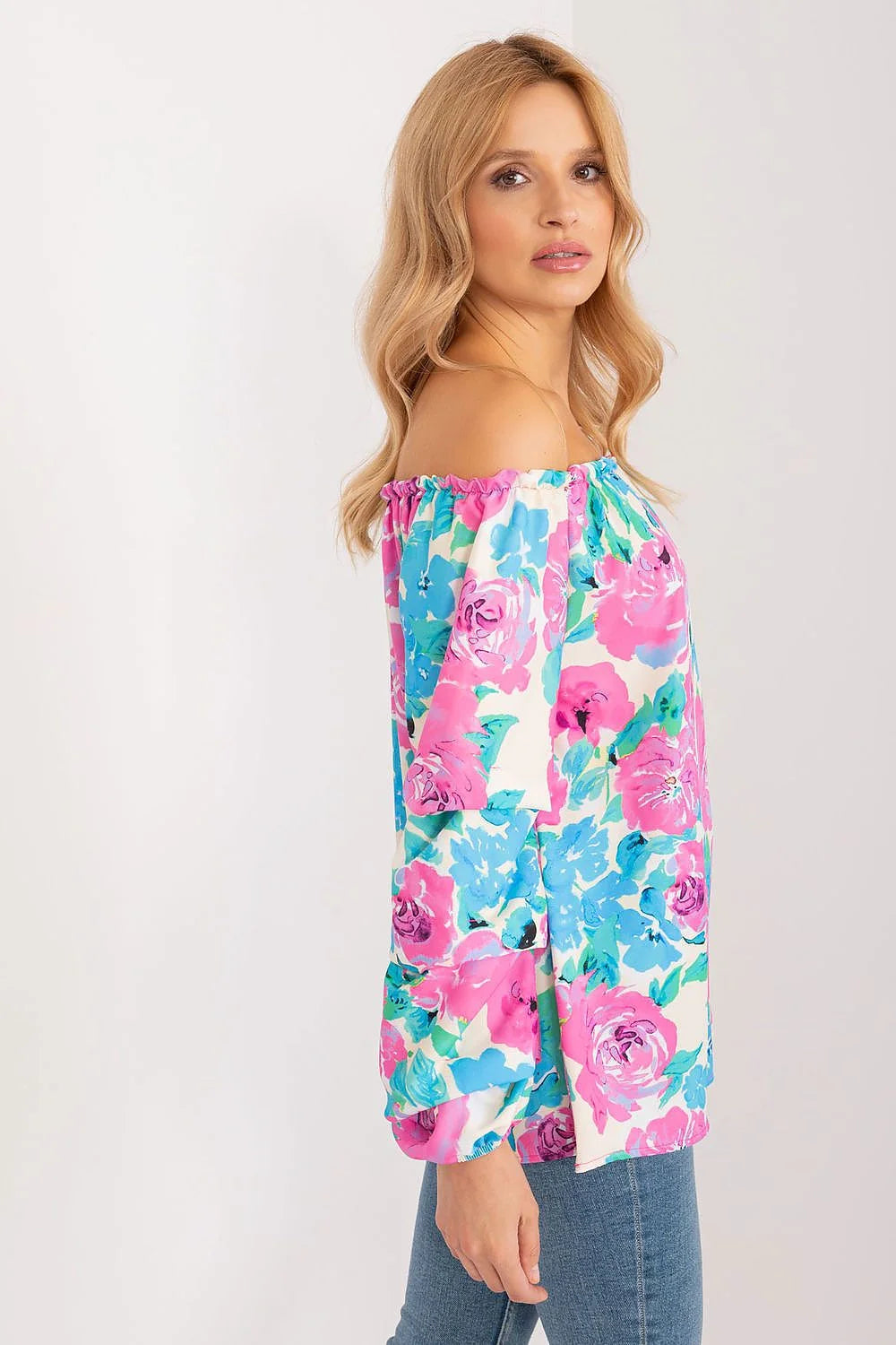 Chemisier féminin off-shoulder imprimé floral coloré été 2023 polyester coton respirant manches longues élastique col large