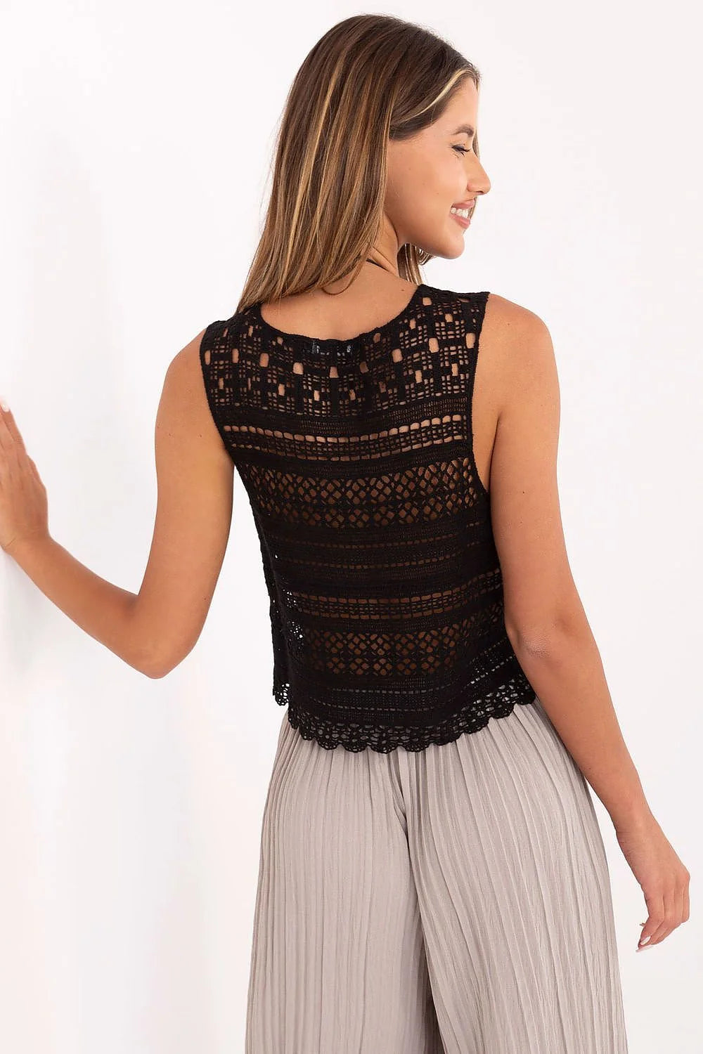 Top en crochet noir pour femme, style bohème, motifs ajourés, coupe ample, été, confort, polyvalent