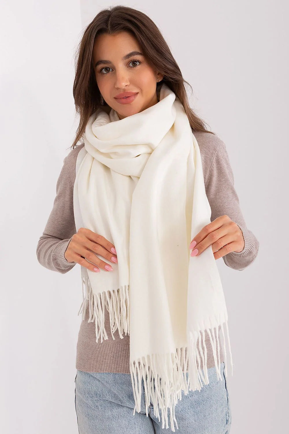 Écharpe élégante pour femme, hiver, pompons, style intemporel, coton, laine, blanc cassé, franges, longueur 196 cm, écharpe longue, accessoire mode, chic, polyvalent