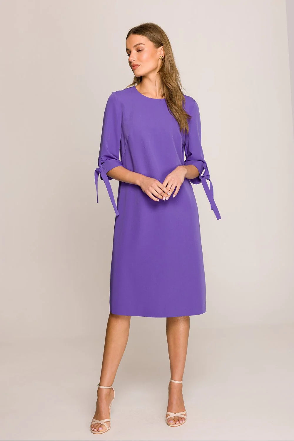 Robe de jour Stylove violet A-line chic épuré polyester-viscose manches 3/4 nœud col rond daily semi-formel travail