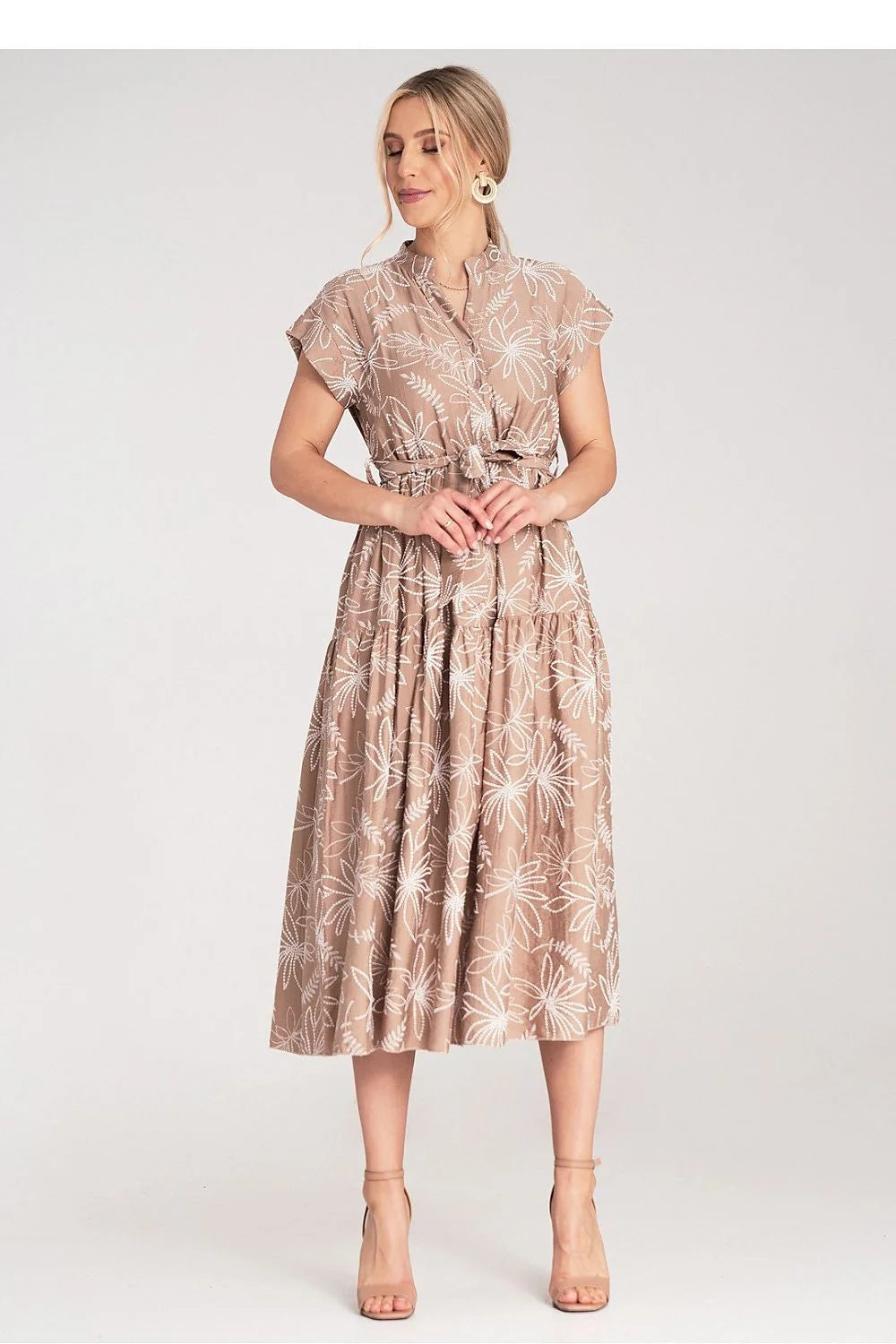 Robe de jour élégante midi manches courtes col rond en nylon et viscose avec ceinture ajustable pour femme