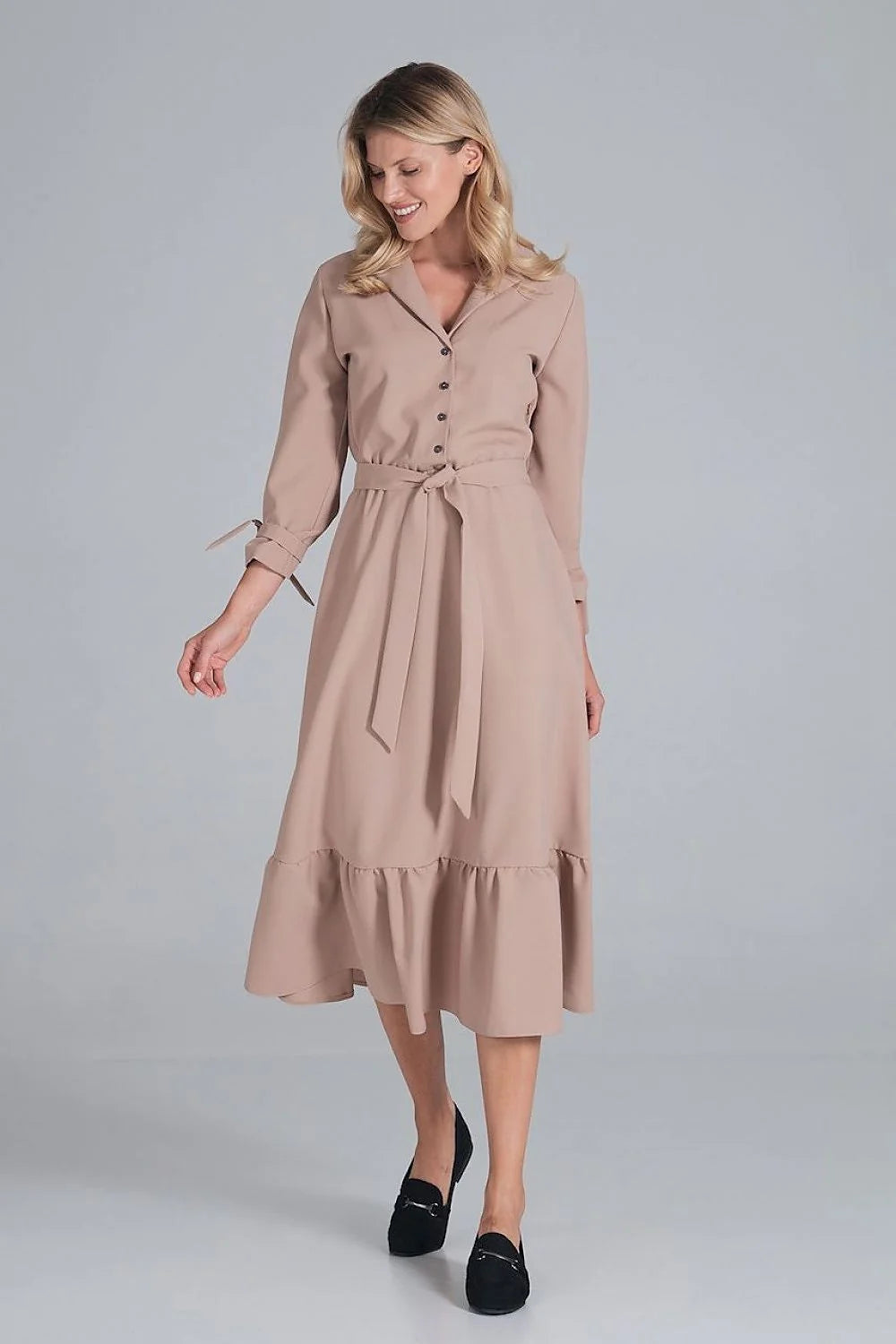 Robe élégante en polyester bleu ciel, style décontracté chic, manches longues, ceinture pour femme