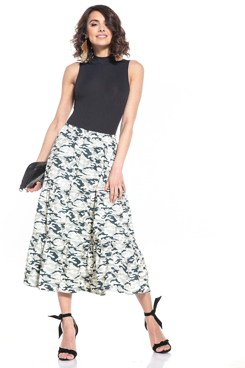 Jupe longue camouflage coton évasée avec ceinture élastiquée pour femme moderne tendance style urbain