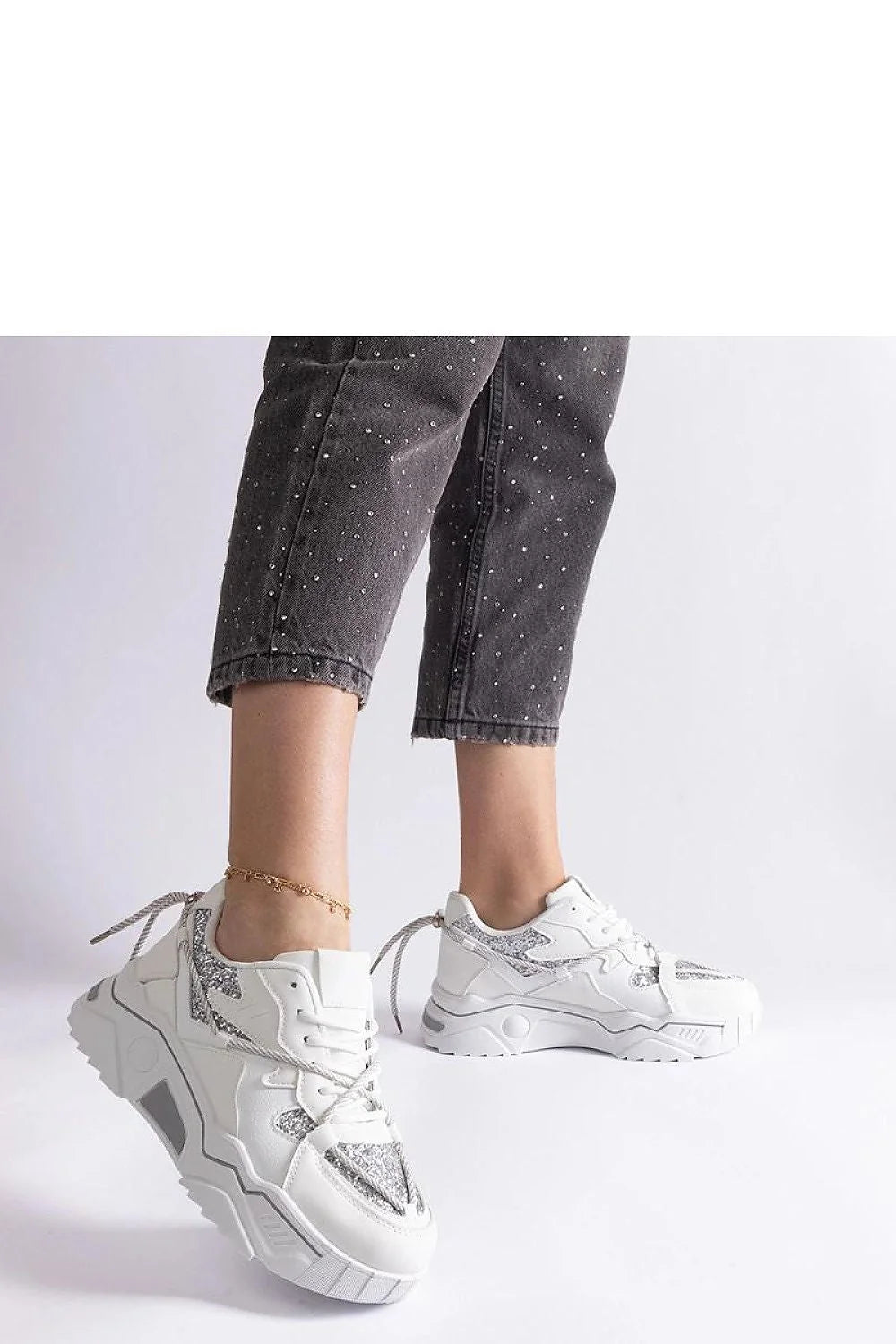 Sneakers Solea femme chunky basses semelle plateforme épaisse crantée cuir similicuir blanc empiècements argentés pailletés col rembourré laçage plat confortable