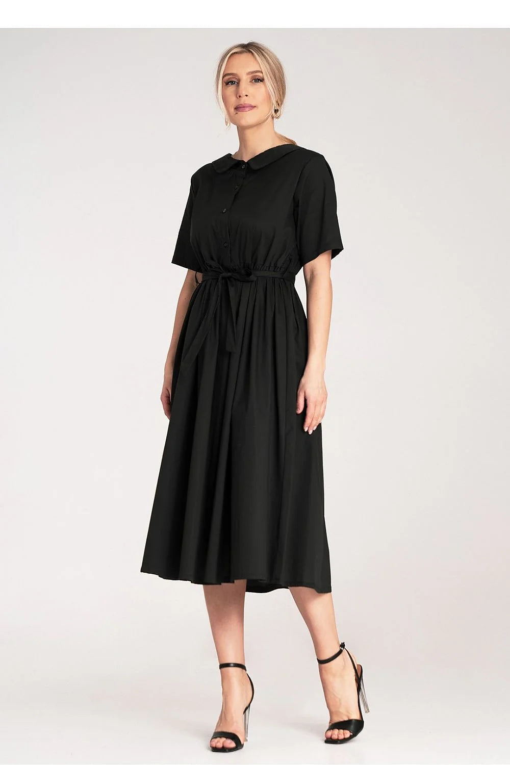 Robe de jour Figl midi noire en coton manches courtes col rond boutons ceinture silhouette A évasée femme