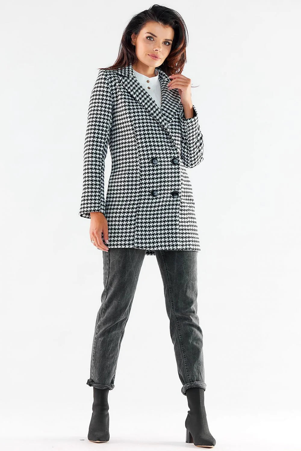 Manteau pour femme élégant à carreaux pied-de-poule double boutonnage en polyester 100 % taille ajustable occasions multiples style intemporel
