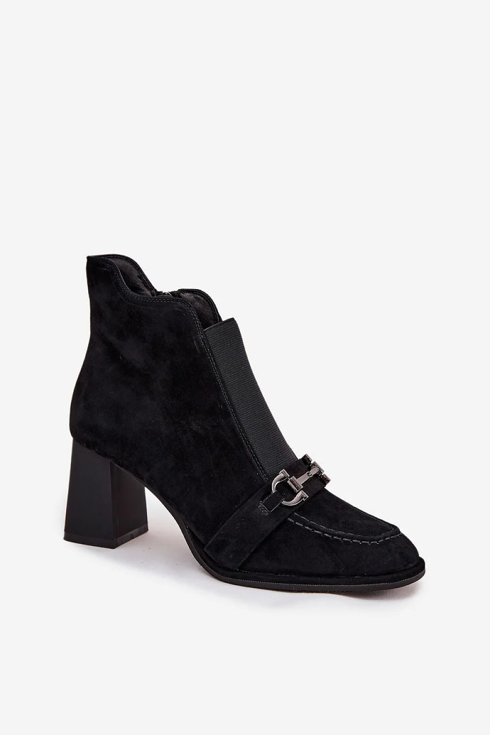 Artiker bottines femme daim suédé noir mocassin bout arrondi mors argenté surpiqûres talon carré mi haut doublure fourrure fermeture éclair