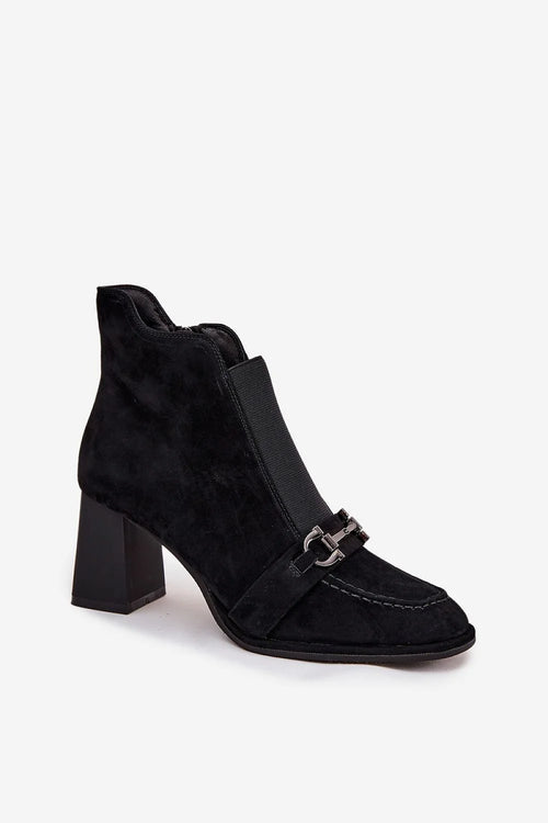 Artiker bottines femme daim suédé noir mocassin bout arrondi mors argenté surpiqûres talon carré mi haut doublure fourrure fermeture éclair