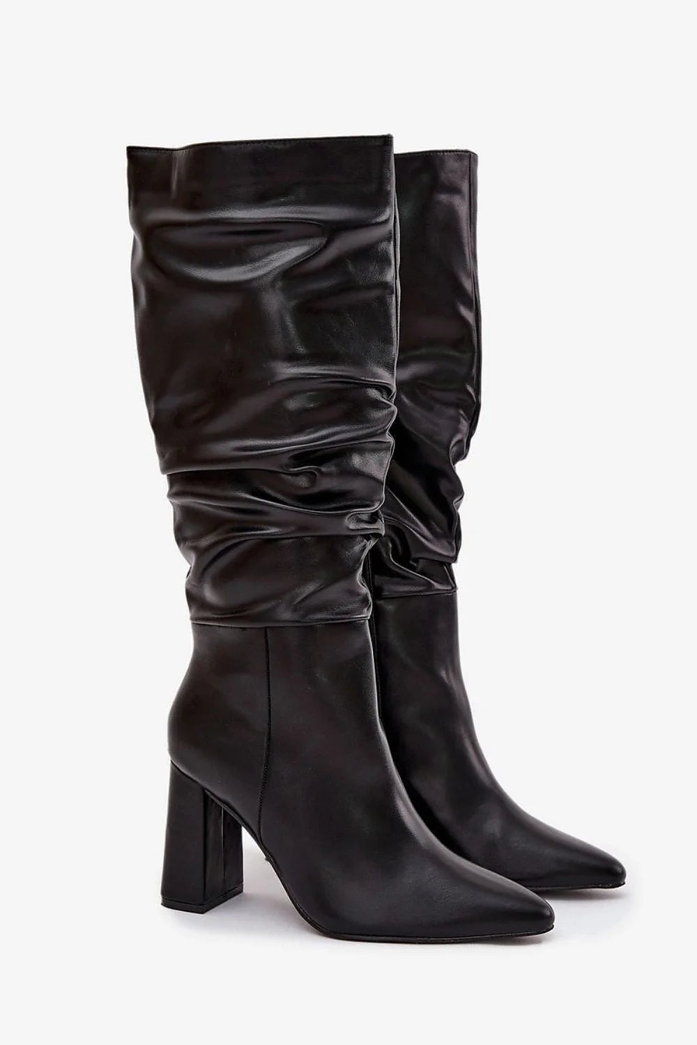 bottes hautes femme simili cuir noir talon bloc carré bout amande pointu tige froncée slouchy fermeture éclair pratique confort marche