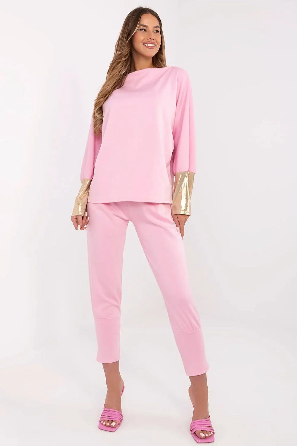 Ensemble féminin moderne décontracté rose pastel métallique doré manches longues taille haute pantalon slim