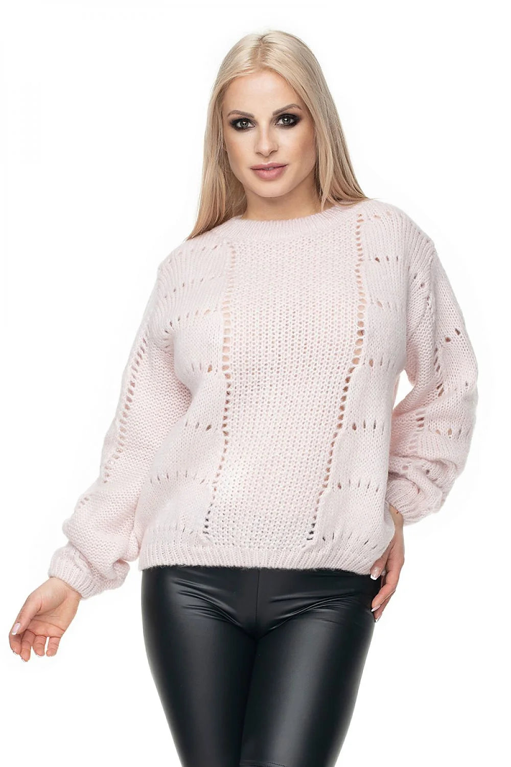 Pullover Femme Moderne Relaxé Manches Longues Vert Clair Fit Oversize Maille Épaisse Détails Ajourés Wool Blend Automne Hiver