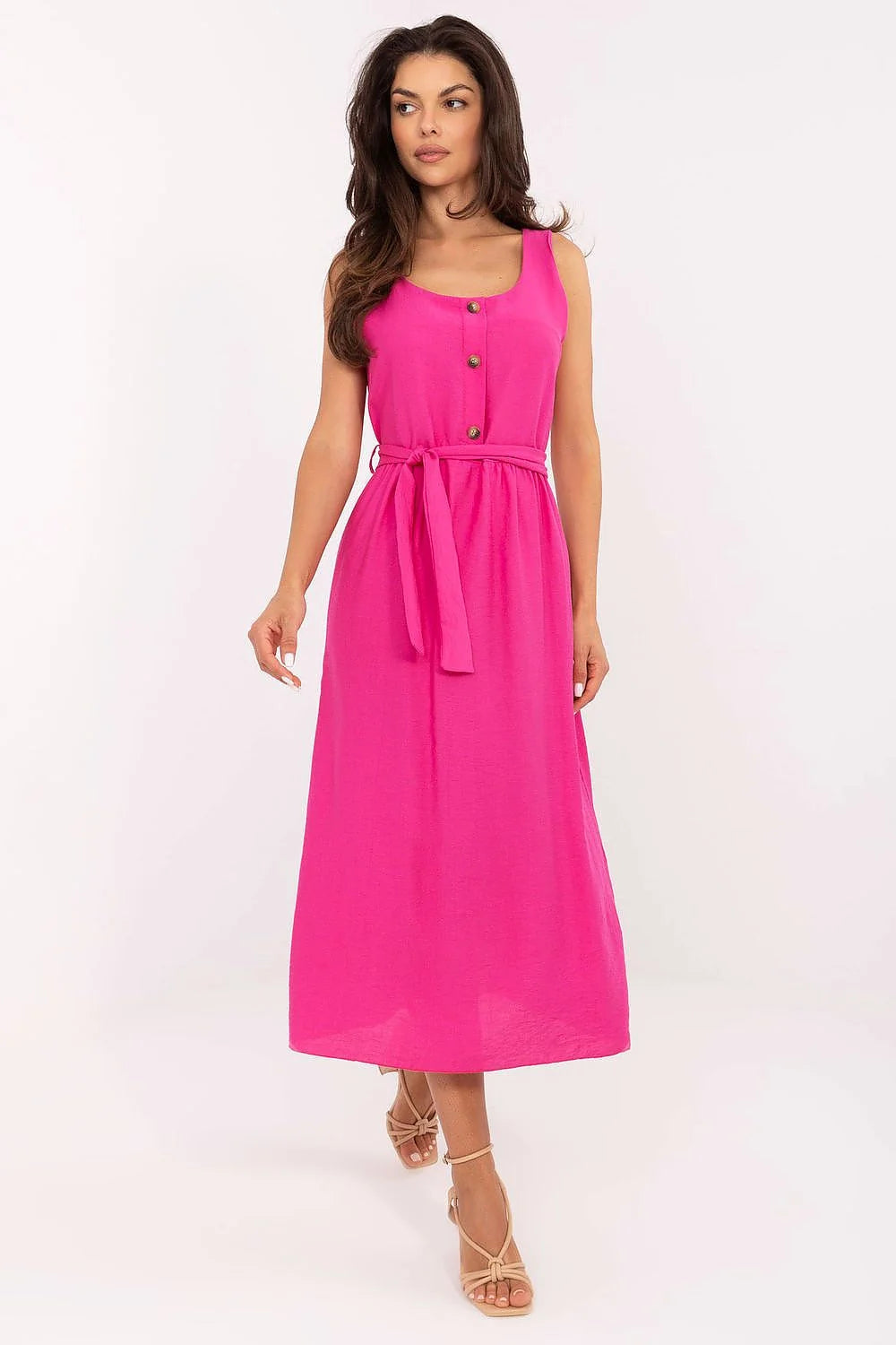 robe été longue fluide fuchsia encolure ronde manches larges ceinture assortie taille nouée boutons apparents jupe évasée cheville